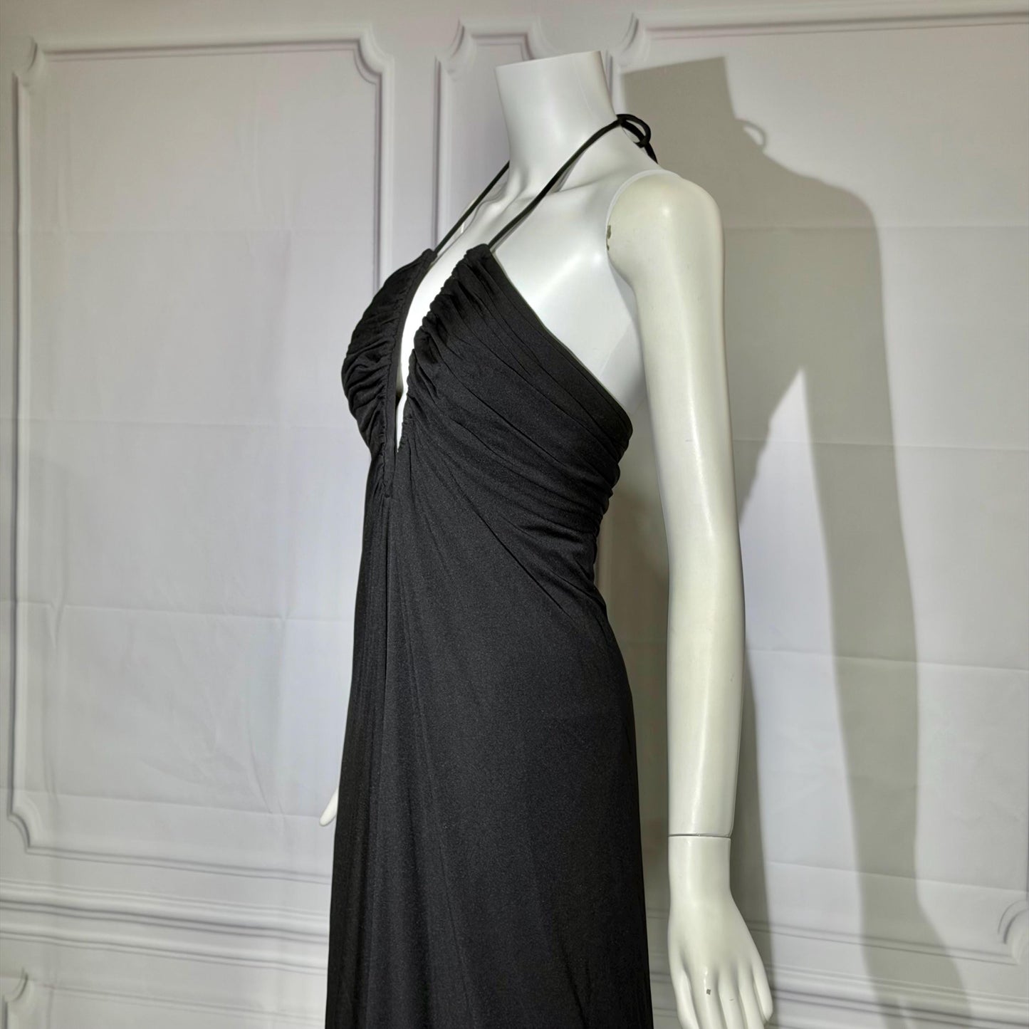 ESTEVEZ Vintage 1970s Black Jersey Knit Gown, Grecian Goddess Plunging Halter Neckline