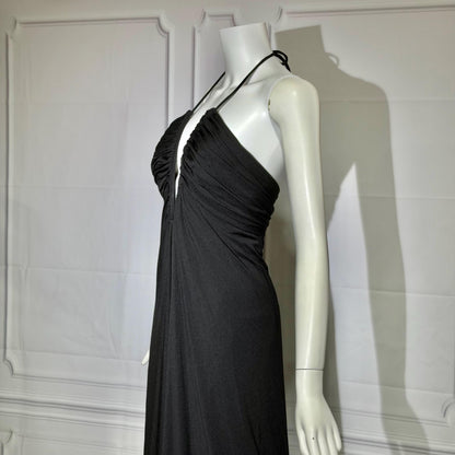 ESTEVEZ Vintage 1970s Black Jersey Knit Gown, Grecian Goddess Plunging Halter Neckline