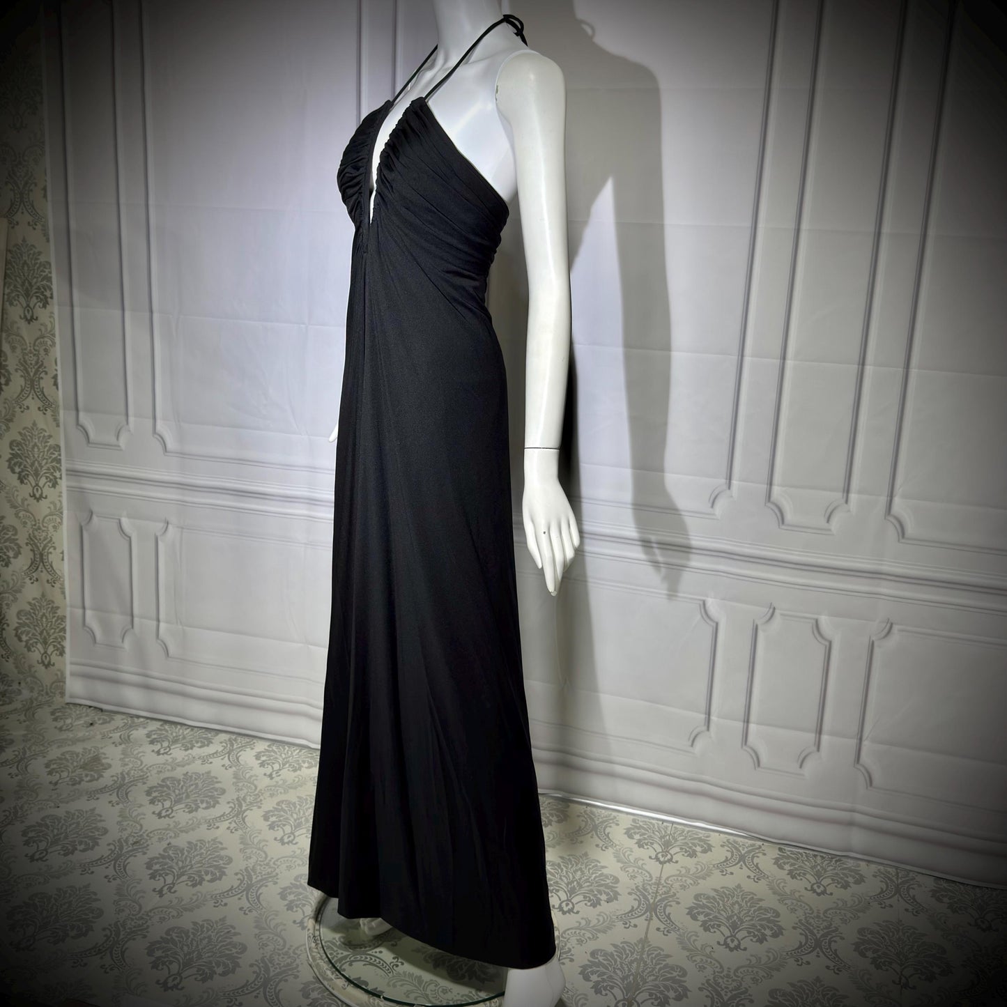 ESTEVEZ Vintage 1970s Black Jersey Knit Gown, Grecian Goddess Plunging Halter Neckline