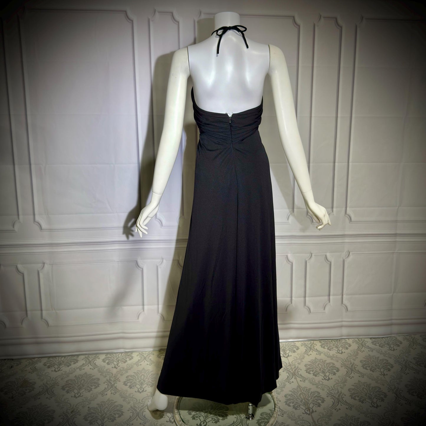 ESTEVEZ Vintage 1970s Black Jersey Knit Gown, Grecian Goddess Plunging Halter Neckline