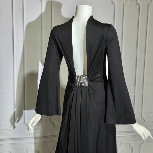 ESTEVEZ vintage 1970s evening gown, Eva Gabor Look Black high neck hostess gown dress