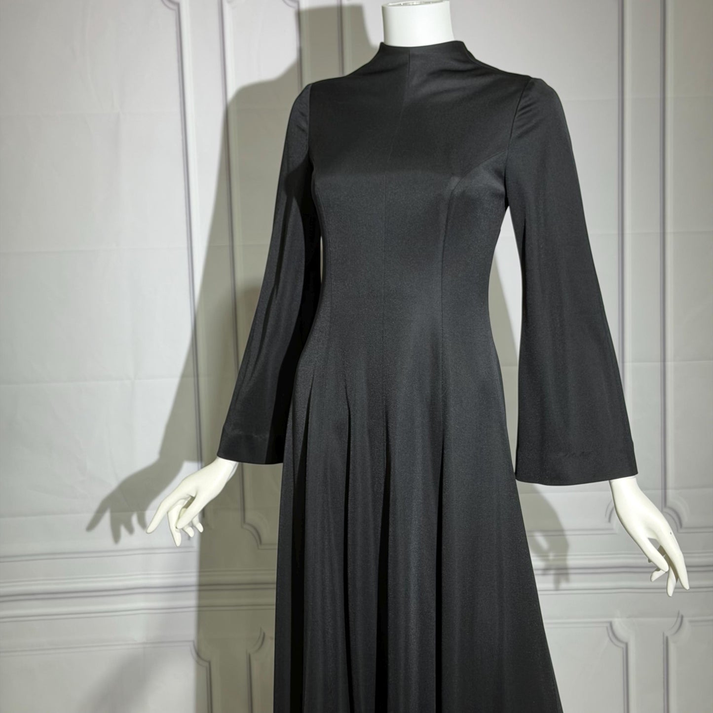 ESTEVEZ vintage 1970s evening gown, Eva Gabor Look Black high neck hostess gown dress