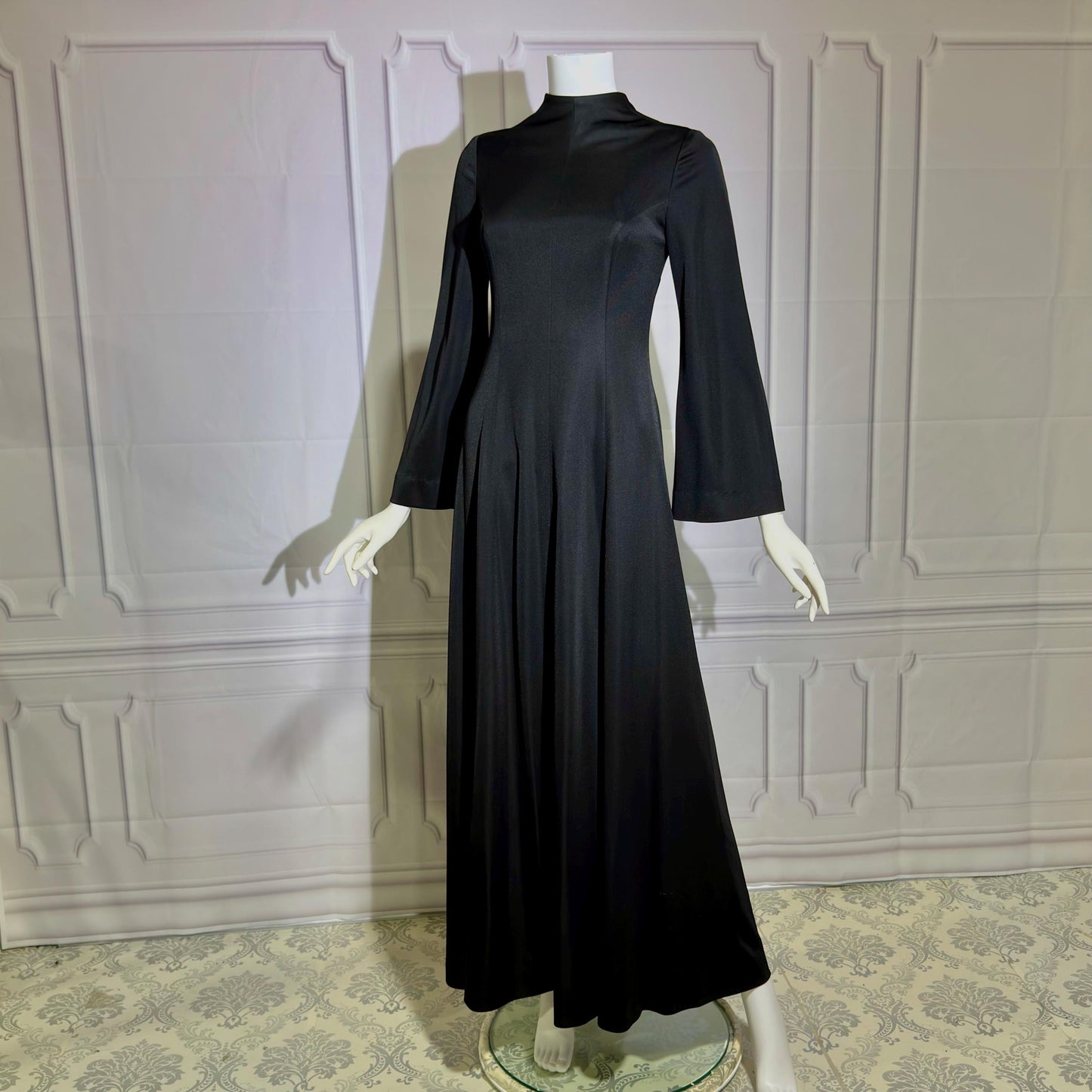 ESTEVEZ vintage 1970s evening gown, Eva Gabor Look Black high neck hostess gown dress