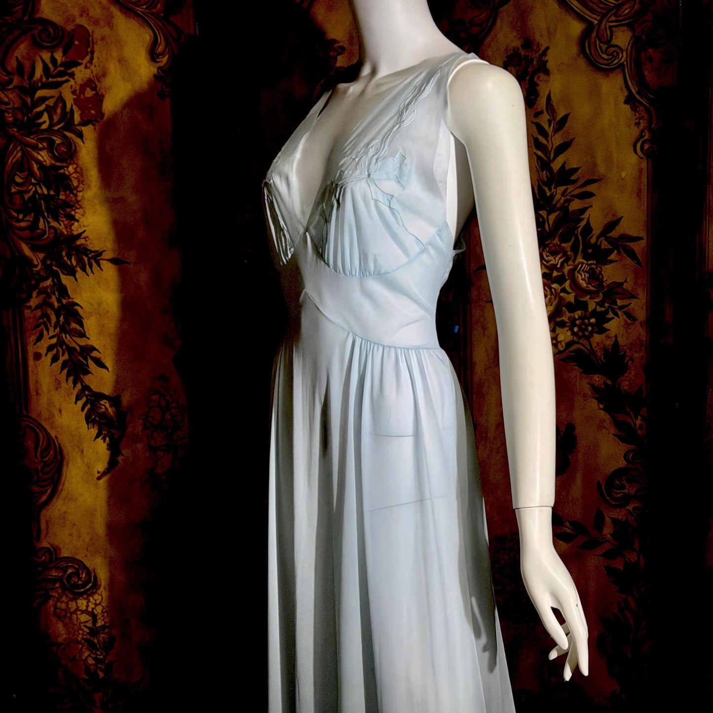 MONDAINE vintage 1940s Nightgown Slip Dress, powder blue nylon lingerie dress