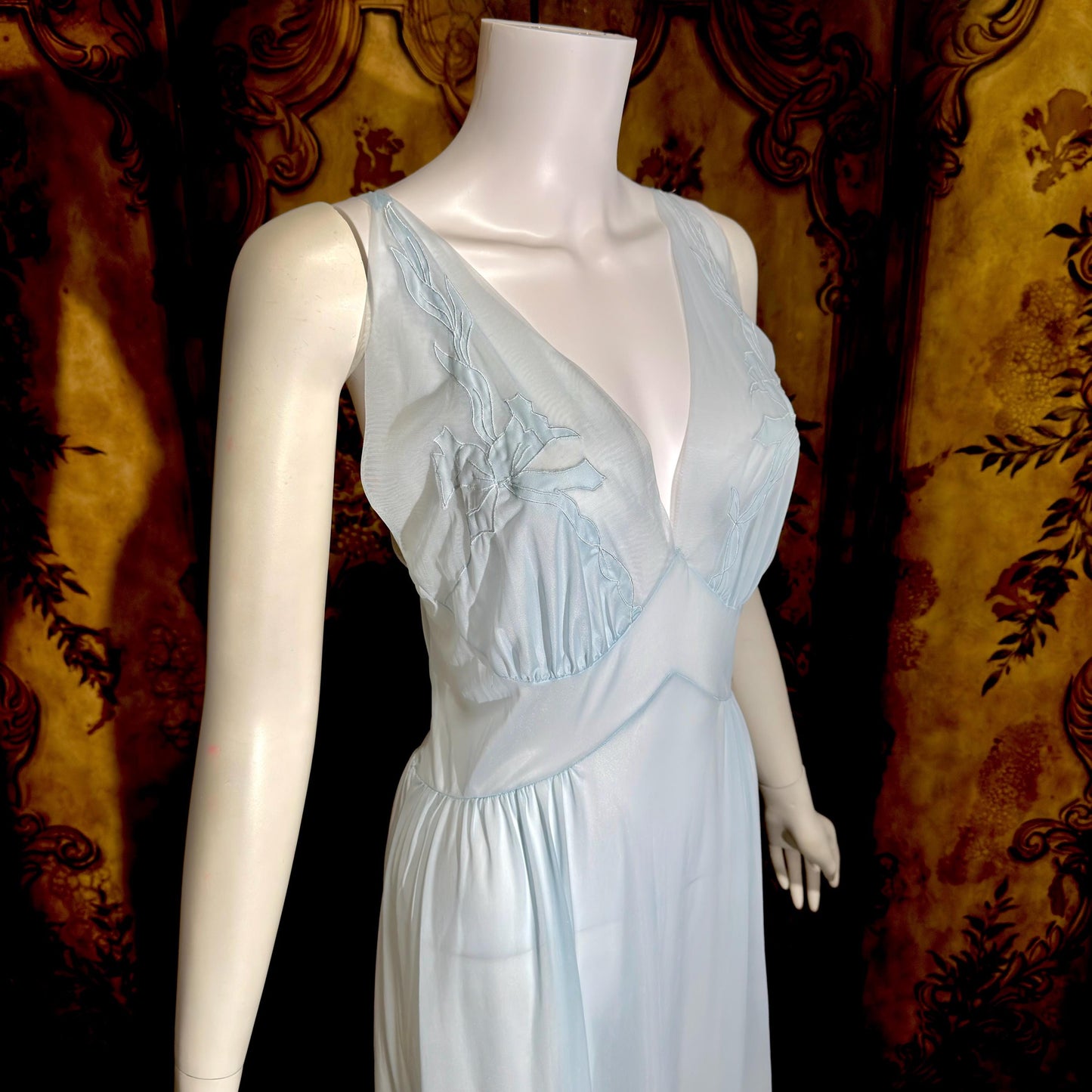 MONDAINE vintage 1940s Nightgown Slip Dress, powder blue nylon lingerie dress
