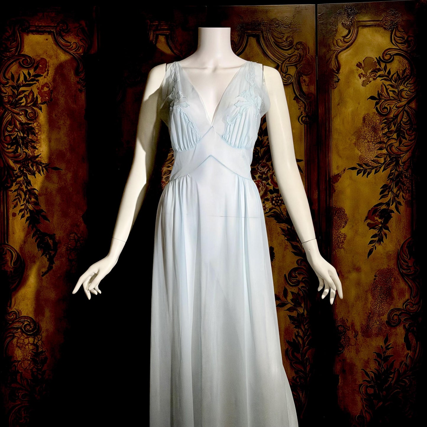MONDAINE vintage 1940s Nightgown Slip Dress, powder blue nylon lingerie dress