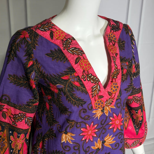 DESIGNS MALAYSIA Vintage 1960s Caftan Kaftan Dress, Purple Cotton Floral Maxi Dress