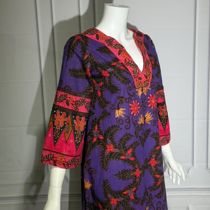 DESIGNS MALAYSIA Vintage 1960s Caftan Kaftan Dress, Purple Cotton Floral Maxi Dress