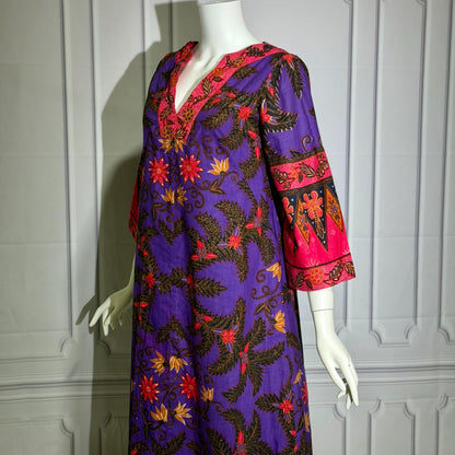 DESIGNS MALAYSIA Vintage 1960s Caftan Kaftan Dress, Purple Cotton Floral Maxi Dress