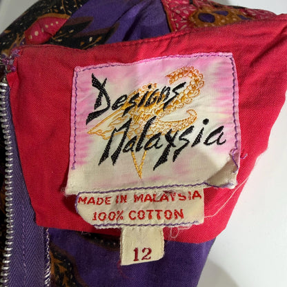 DESIGNS MALAYSIA Vintage 1960s Caftan Kaftan Dress, Purple Cotton Floral Maxi Dress