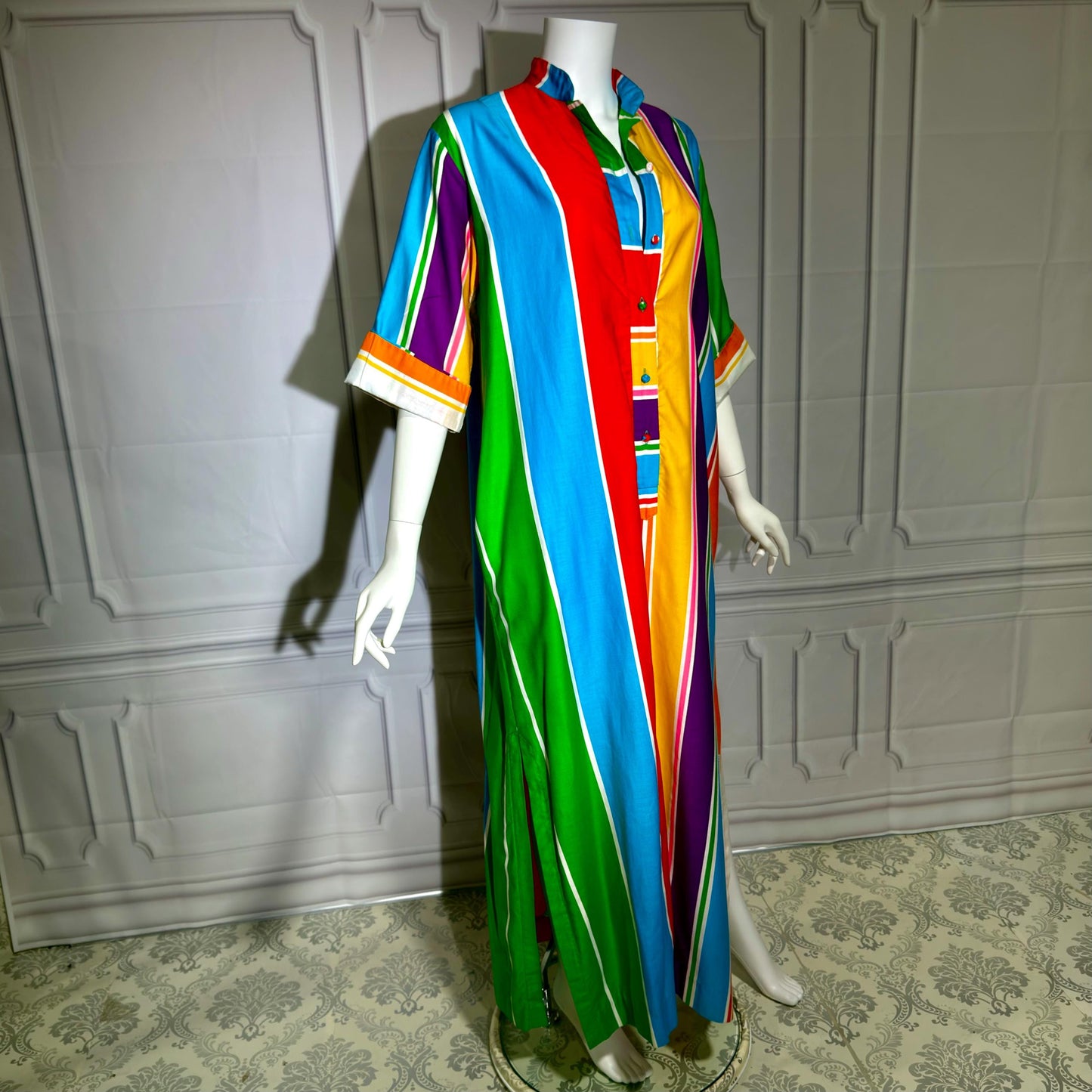 CATHERINE OGUST Vintage 1960s Caftan Kaftan Dress, Penthouse Gallery Striped Cotton Maxi Shirt Dress