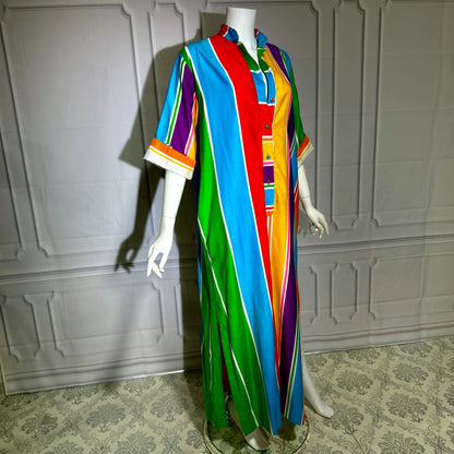 CATHERINE OGUST Vintage 1960s Caftan Kaftan Dress, Penthouse Gallery Striped Cotton Maxi Shirt Dress