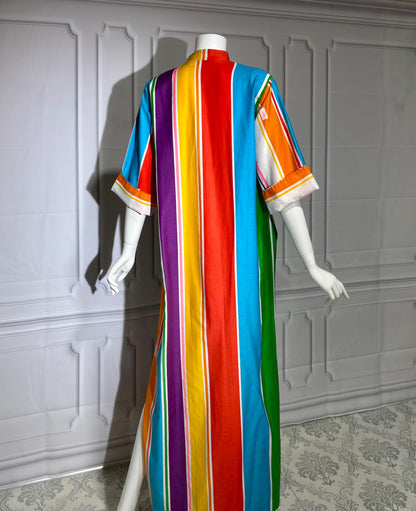 CATHERINE OGUST Vintage 1960s Caftan Kaftan Dress, Penthouse Gallery Striped Cotton Maxi Shirt Dress