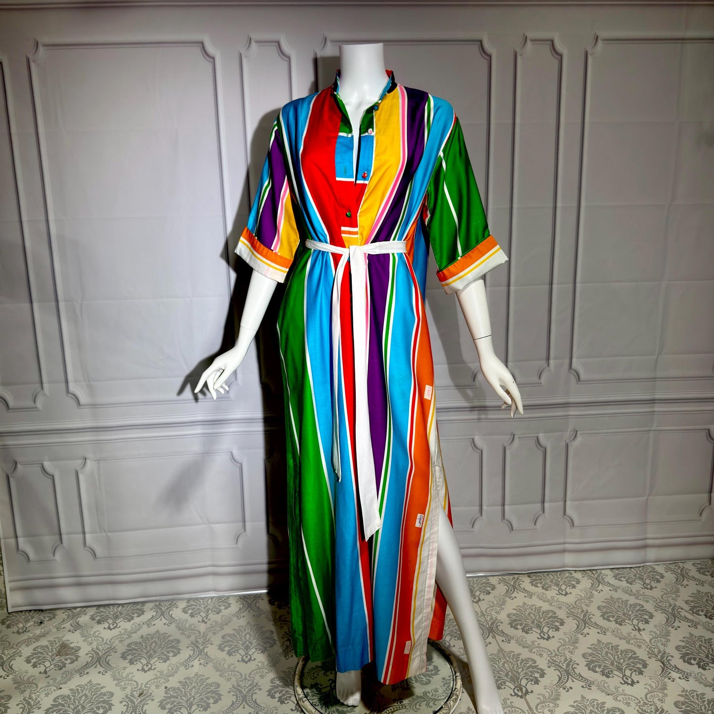 CATHERINE OGUST Vintage 1960s Caftan Kaftan Dress, Penthouse Gallery Striped Cotton Maxi Shirt Dress