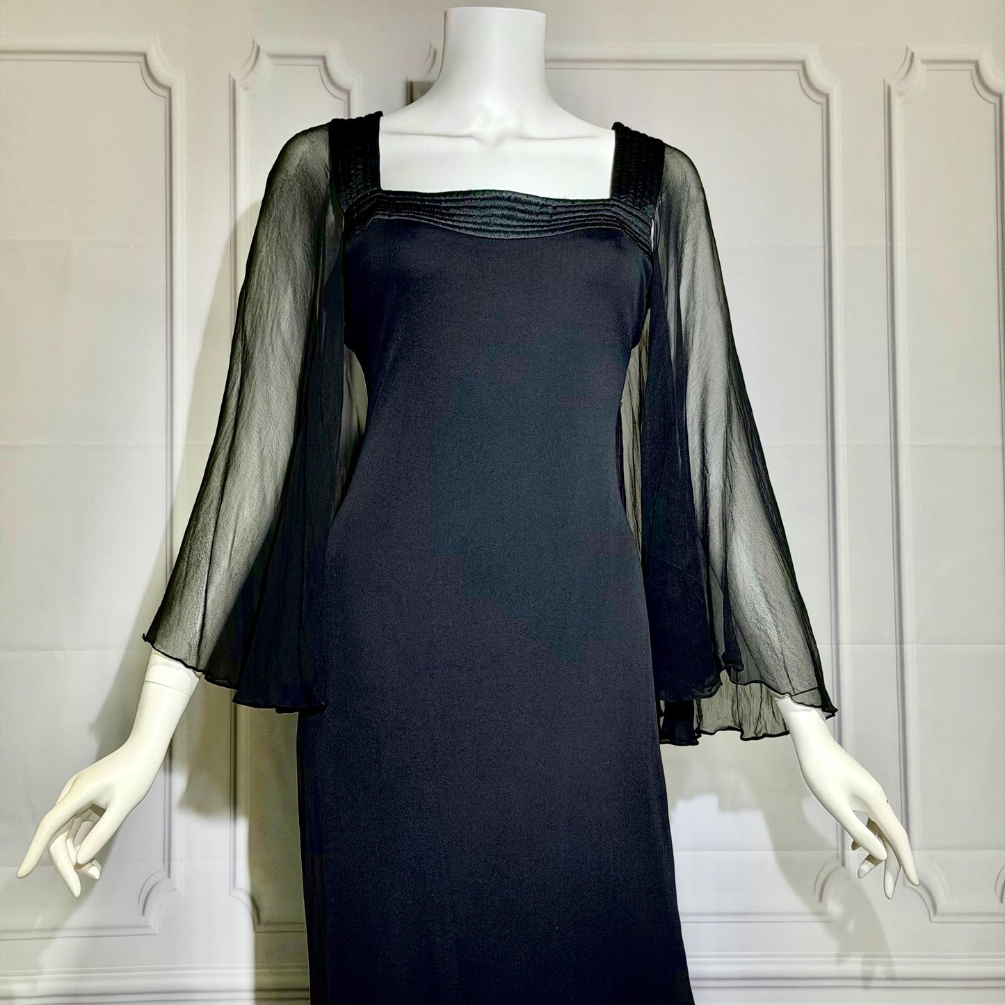 JILL RICHARDS Vintage 1970s evening gown dress, BONWIT TELLER Black Jersey Knit Gown