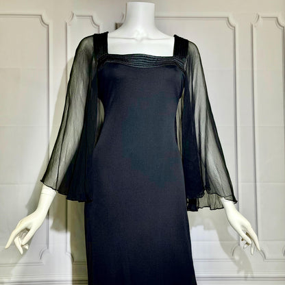JILL RICHARDS Vintage 1970s evening gown dress, BONWIT TELLER Black Jersey Knit Gown