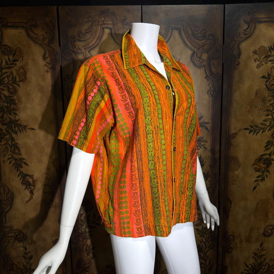 LILLY DASCHE Vintage 1950s Hawaiian shirt, Mod Tiki Atomic Cotton Button Front shirt