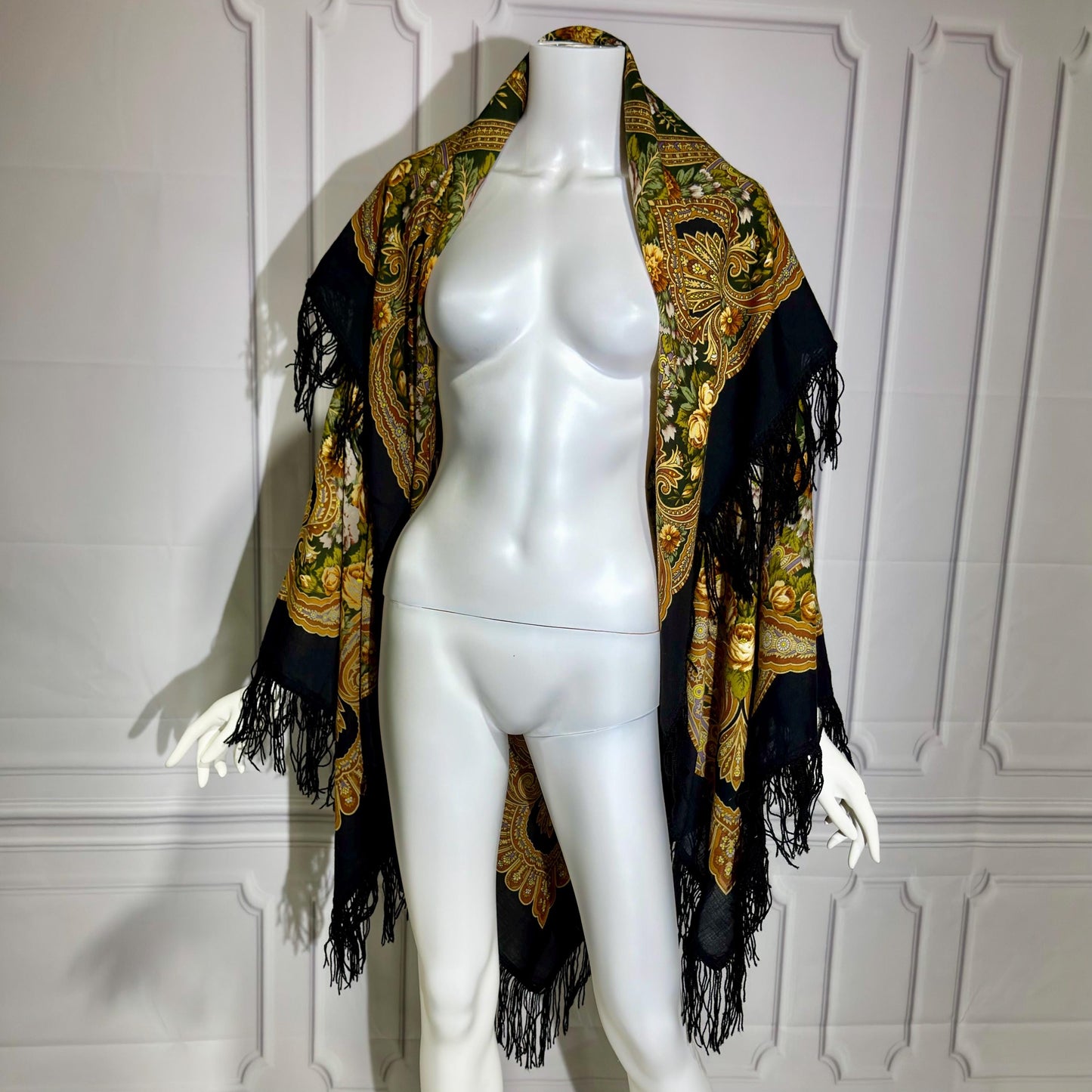 1980s vintage Babushka Shawl Wrap, HUGE 60 inches square floral wool challis scarf with fringe
