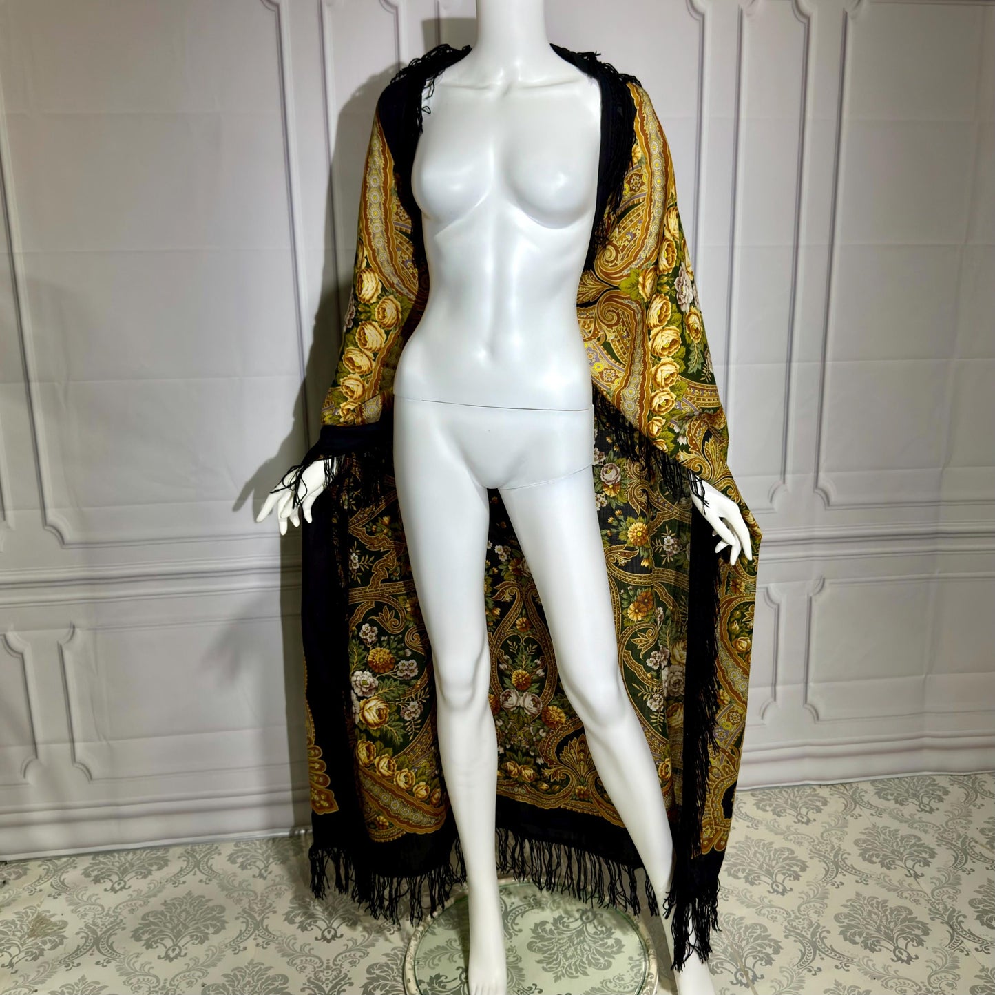 1980s vintage Babushka Shawl Wrap, HUGE 60 inches square floral wool challis scarf with fringe