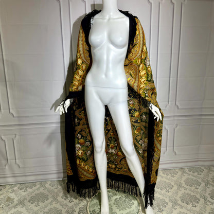 1980s vintage Babushka Shawl Wrap, HUGE 60 inches square floral wool challis scarf with fringe