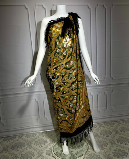 1980s vintage Babushka Shawl Wrap, HUGE 60 inches square floral wool challis scarf with fringe