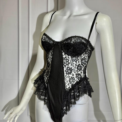 GIOVANNA vintage 1980s Lace Lingerie Teddy, black sheer lace teddy bodysuit
