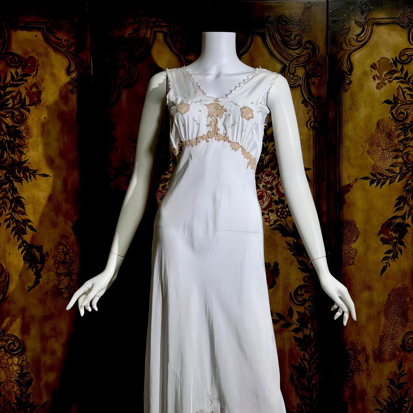 1930s vintage Nightgown slip dress, White lace & cutwork lingerie dress