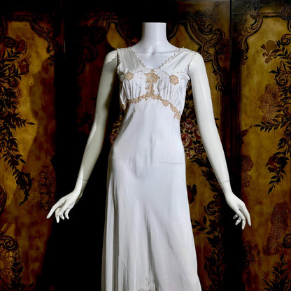 1930s vintage Nightgown slip dress, White lace & cutwork lingerie dress