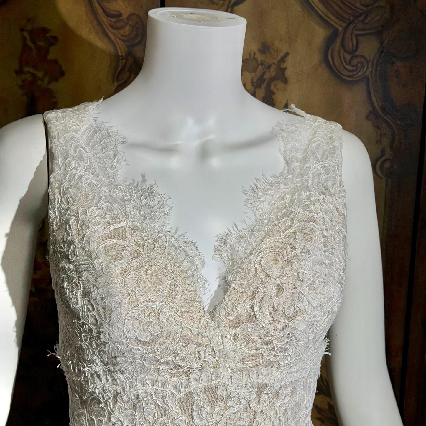 JIM HJELM vintage wedding dress gown, KLEINFELD 1990s white lace slip dress w train