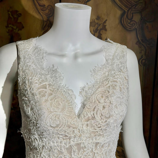 JIM HJELM vintage wedding dress gown, KLEINFELD 1990s white lace slip dress w train