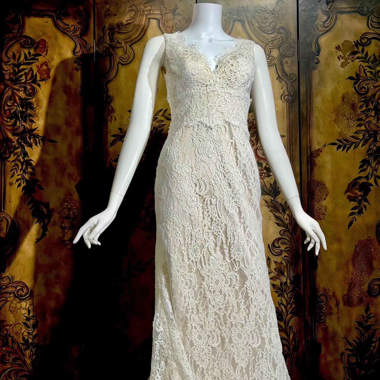 JIM HJELM vintage wedding dress gown, KLEINFELD 1990s white lace slip dress w train