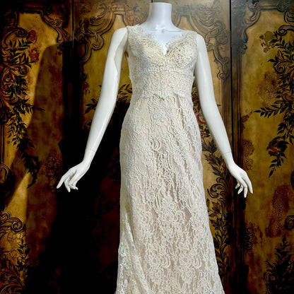JIM HJELM vintage wedding dress gown, KLEINFELD 1990s white lace slip dress w train