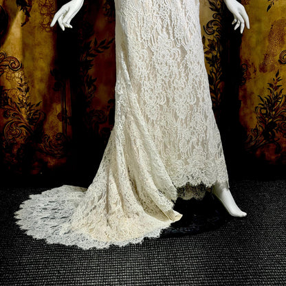 JIM HJELM vintage wedding dress gown, KLEINFELD 1990s white lace slip dress w train
