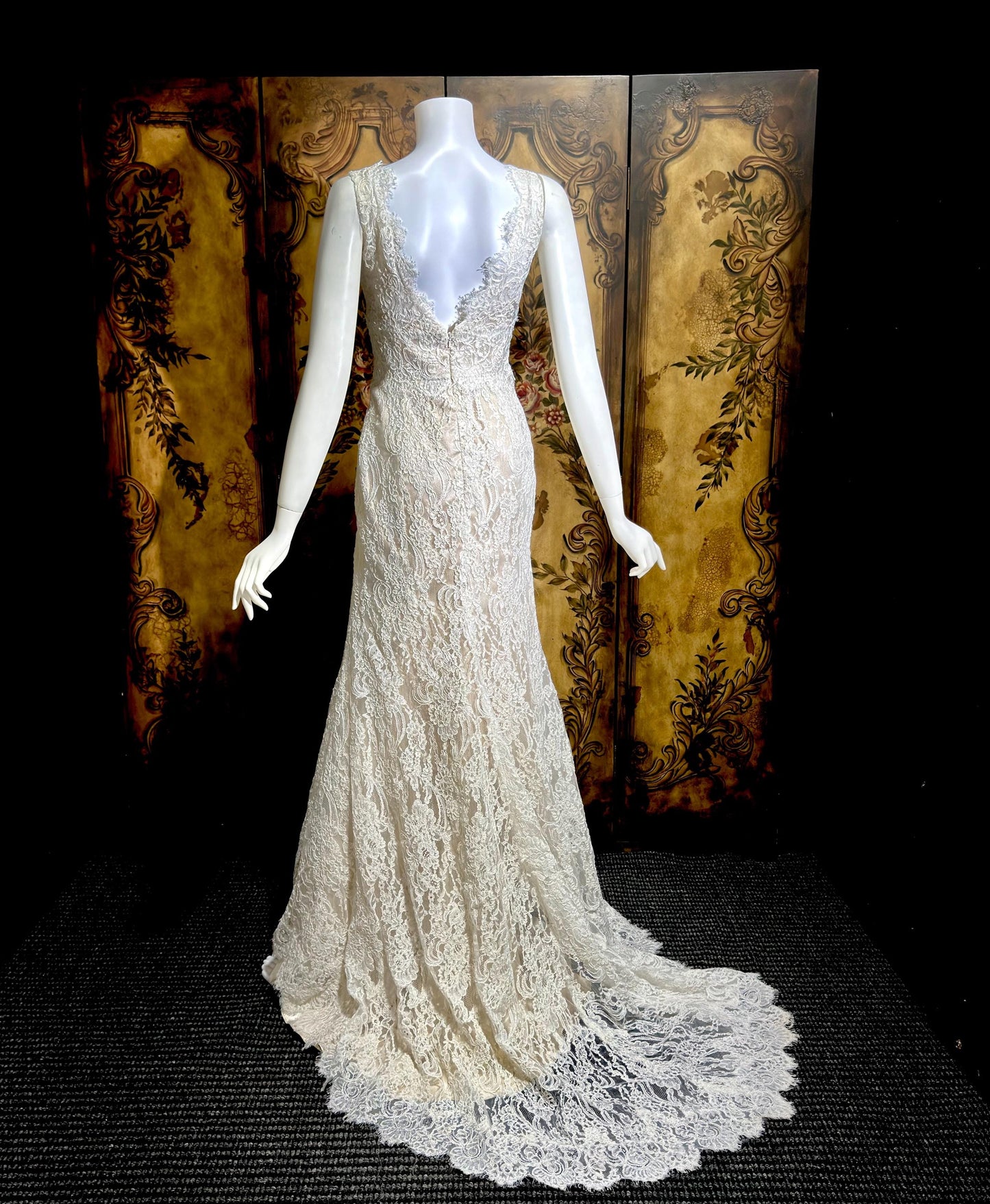 JIM HJELM vintage wedding dress gown, KLEINFELD 1990s white lace slip dress w train