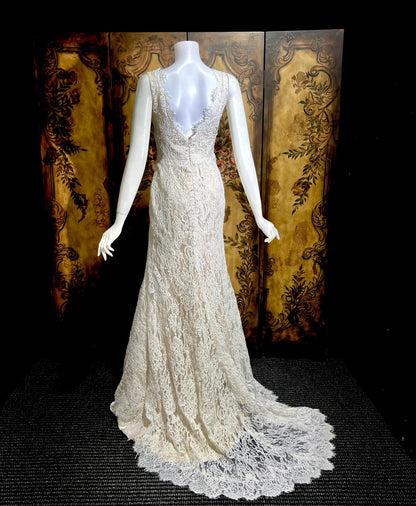 JIM HJELM vintage wedding dress gown, KLEINFELD 1990s white lace slip dress w train