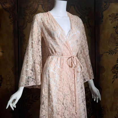 GLYDONS Vintage dressing gown robe, 1960s angel sleeve pink lace duster
