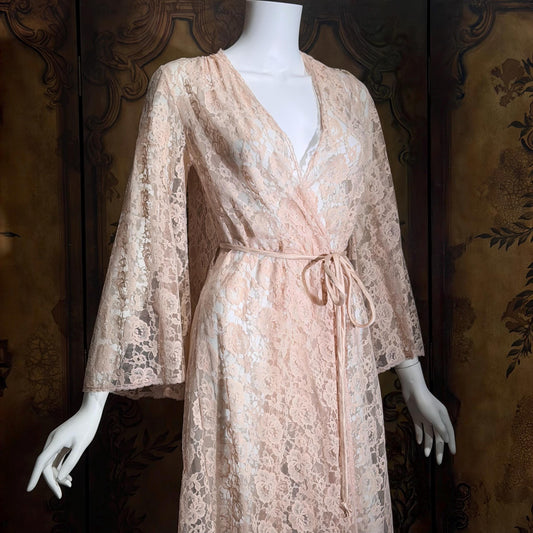 GLYDONS Vintage dressing gown robe, 1960s angel sleeve pink lace duster