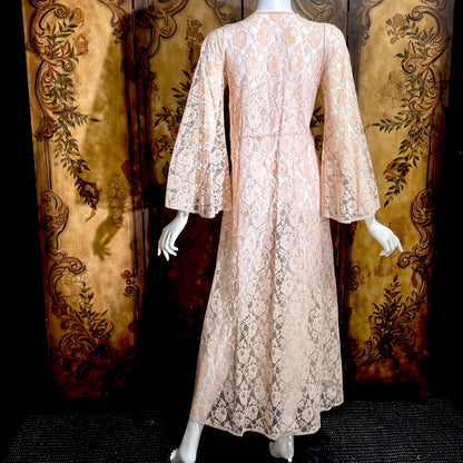 GLYDONS Vintage dressing gown robe, 1960s angel sleeve pink lace duster