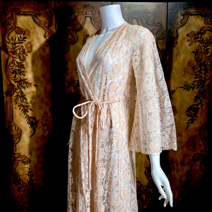 GLYDONS Vintage dressing gown robe, 1960s angel sleeve pink lace duster