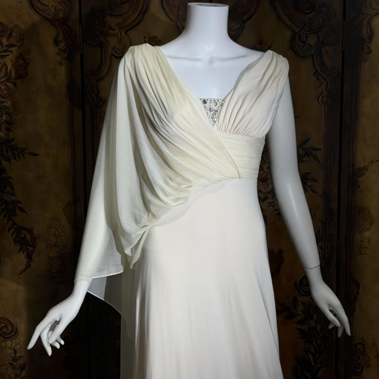 1990s vintage wedding dress gown, Grecian Goddess white jersey knit gown