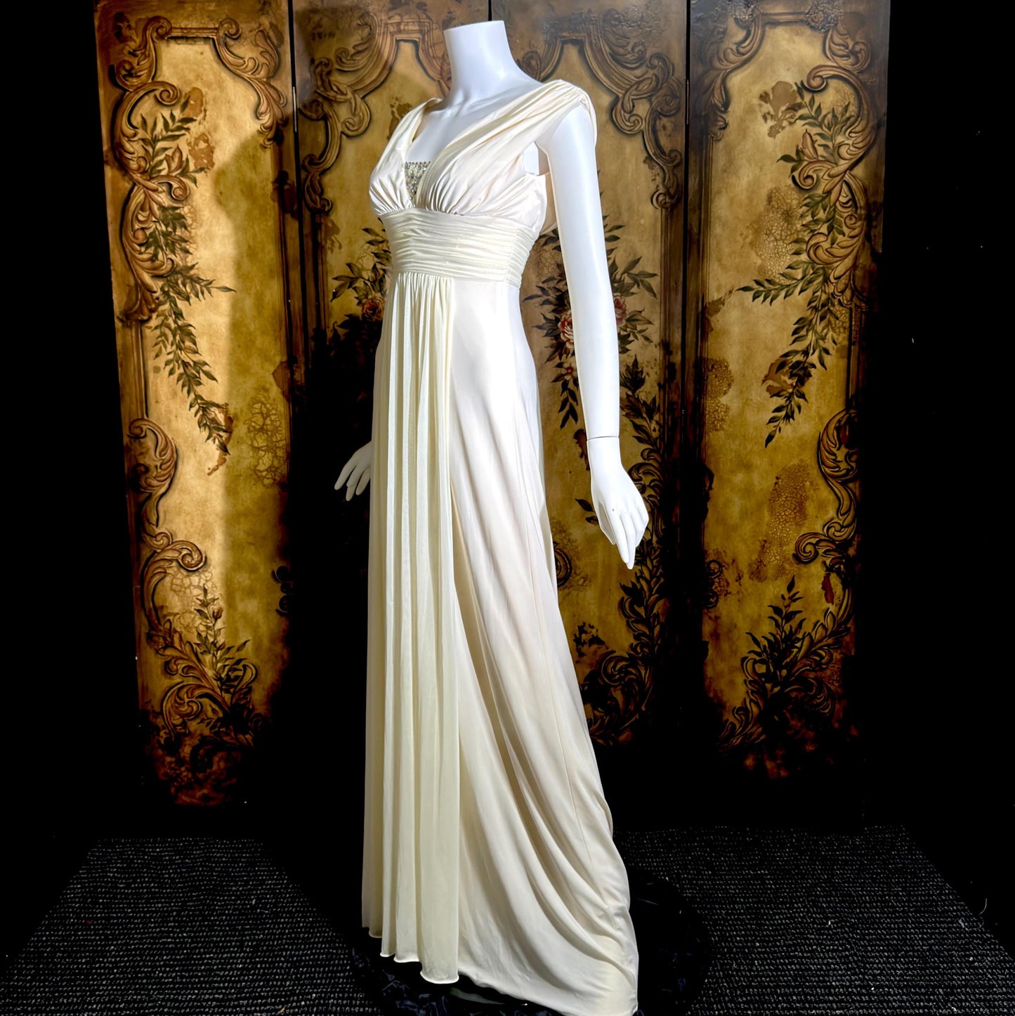 1990s vintage wedding dress gown, Grecian Goddess white jersey knit gown