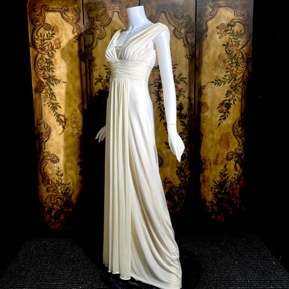 1990s vintage wedding dress gown, Grecian Goddess white jersey knit gown