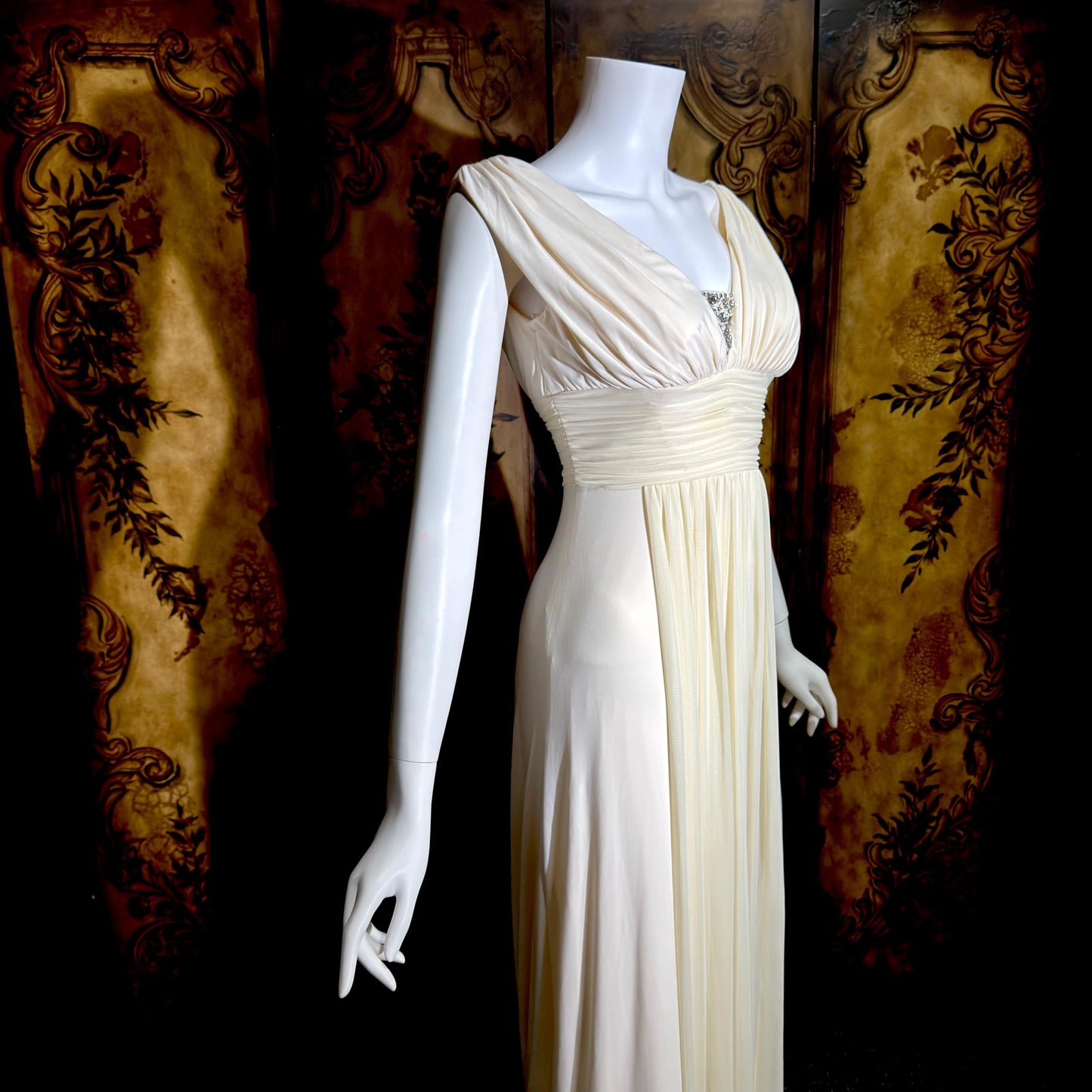 1990s vintage wedding dress gown, Grecian Goddess white jersey knit gown