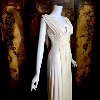 1990s vintage wedding dress gown, Grecian Goddess white jersey knit gown