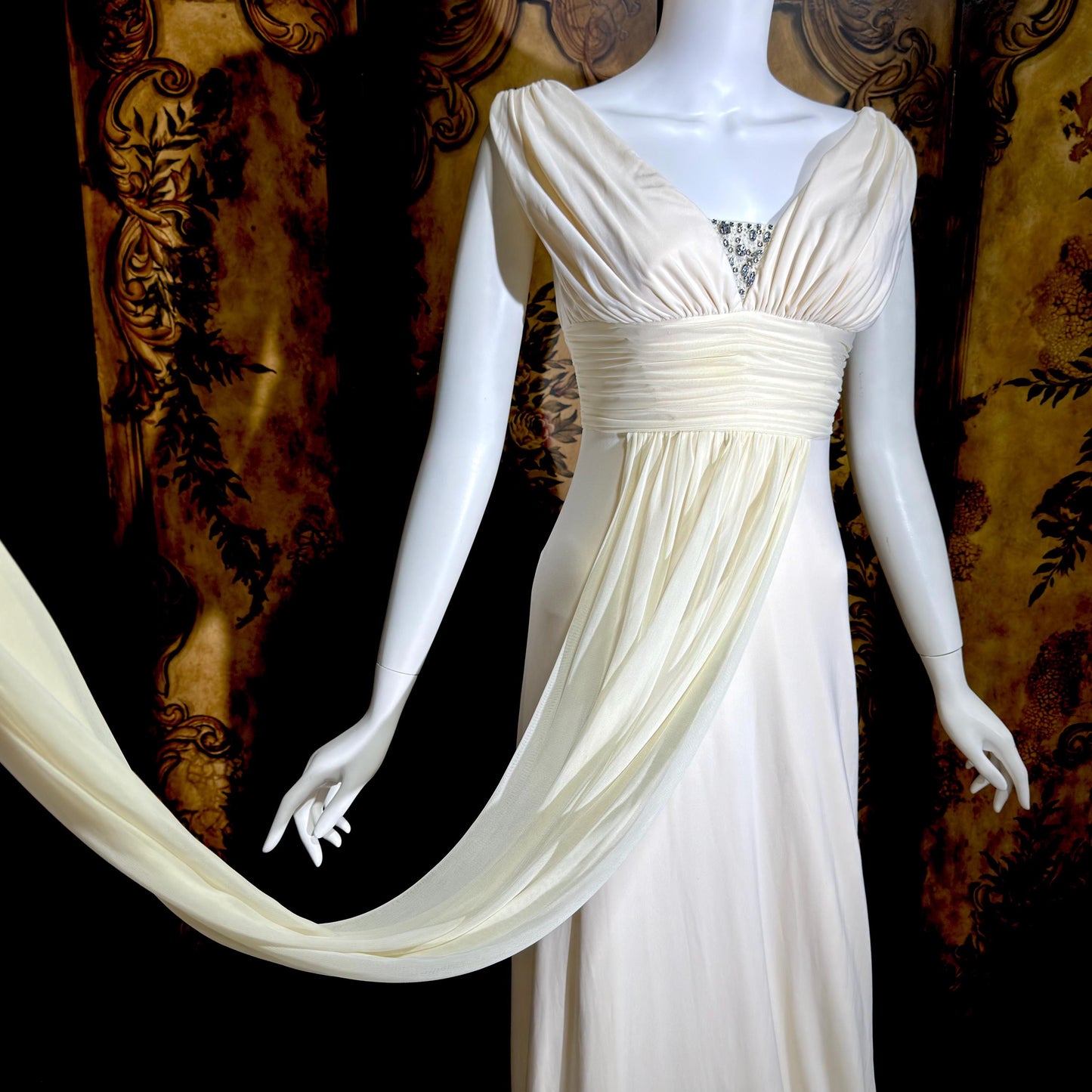 1990s vintage wedding dress gown, Grecian Goddess white jersey knit gown