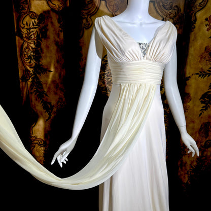 1990s vintage wedding dress gown, Grecian Goddess white jersey knit gown