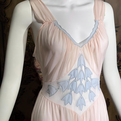 GOTHAM Vintage 1950s nightgown slip dress, GOLD STRIPE ethereal ballerina pink nylon lingerie dress