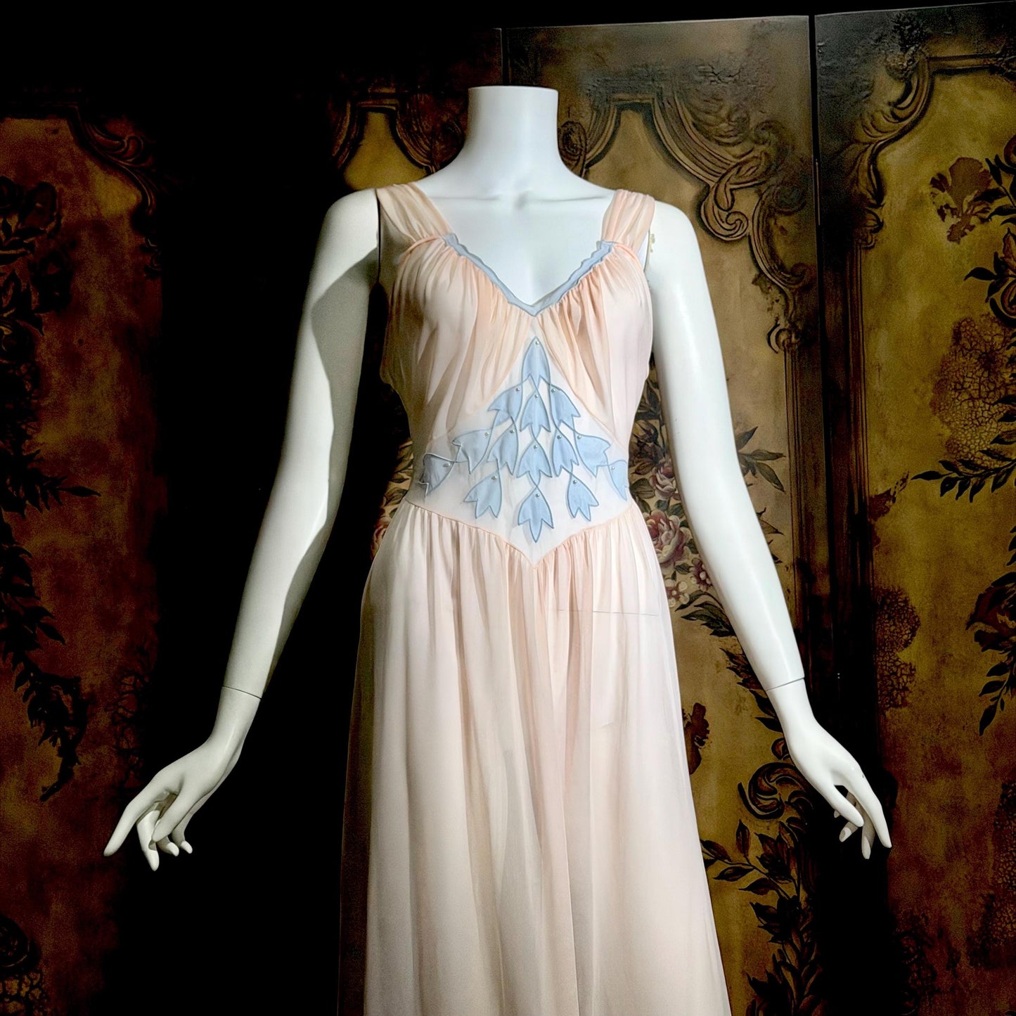 GOTHAM Vintage 1950s nightgown slip dress, GOLD STRIPE ethereal ballerina pink nylon lingerie dress