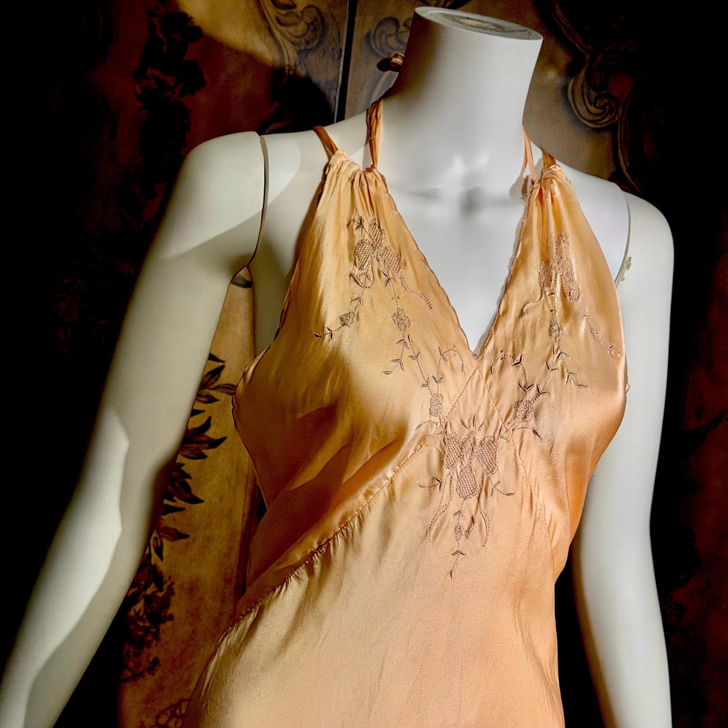 1930s vintage Nightgown slip dress, HAND MADE peach silk bias cut lingerie dress