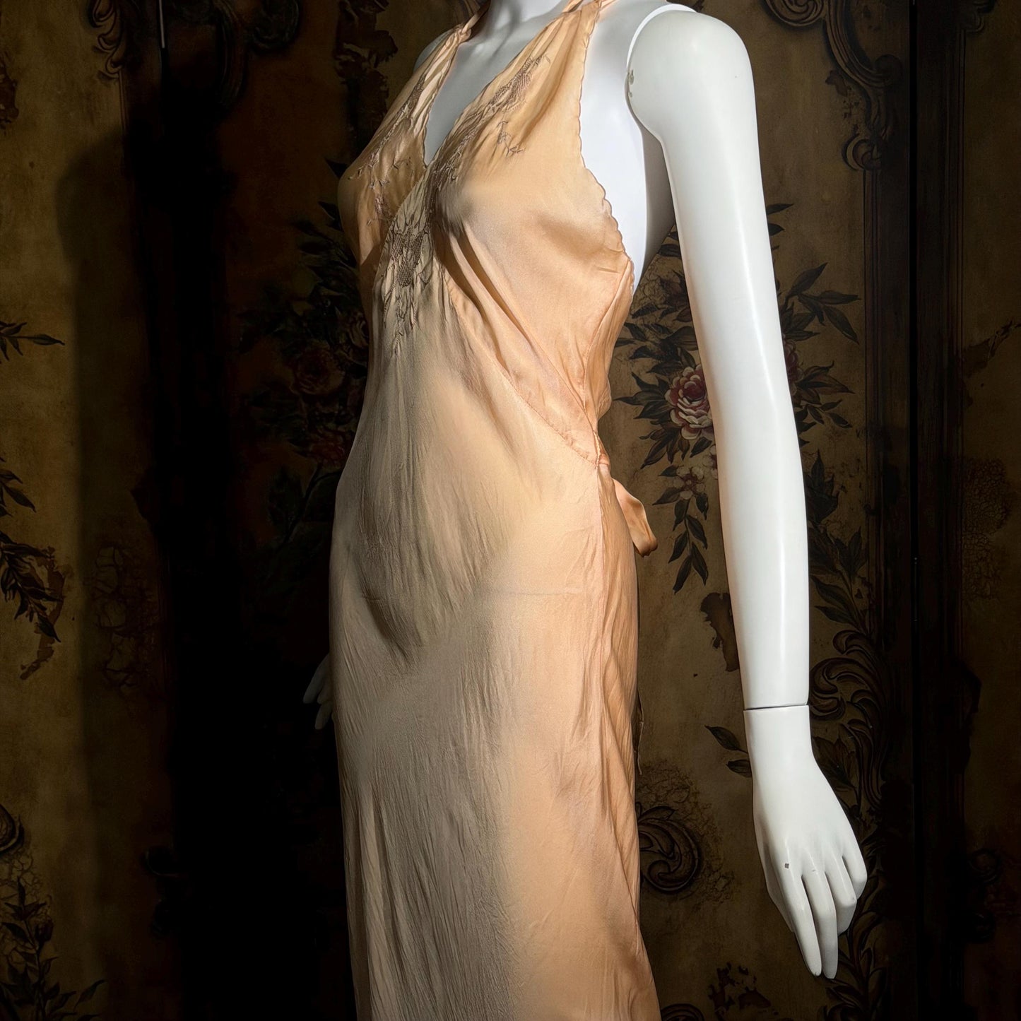 1930s vintage Nightgown slip dress, HAND MADE peach silk bias cut lingerie dress